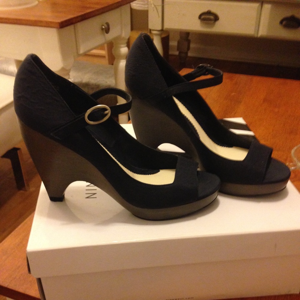 Navy Blue Peep Toe Wedges